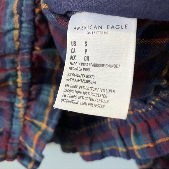 American Eagle Plaid Peasant Top Cropped Square Neck Blouse Small - Picture 7 of 10
